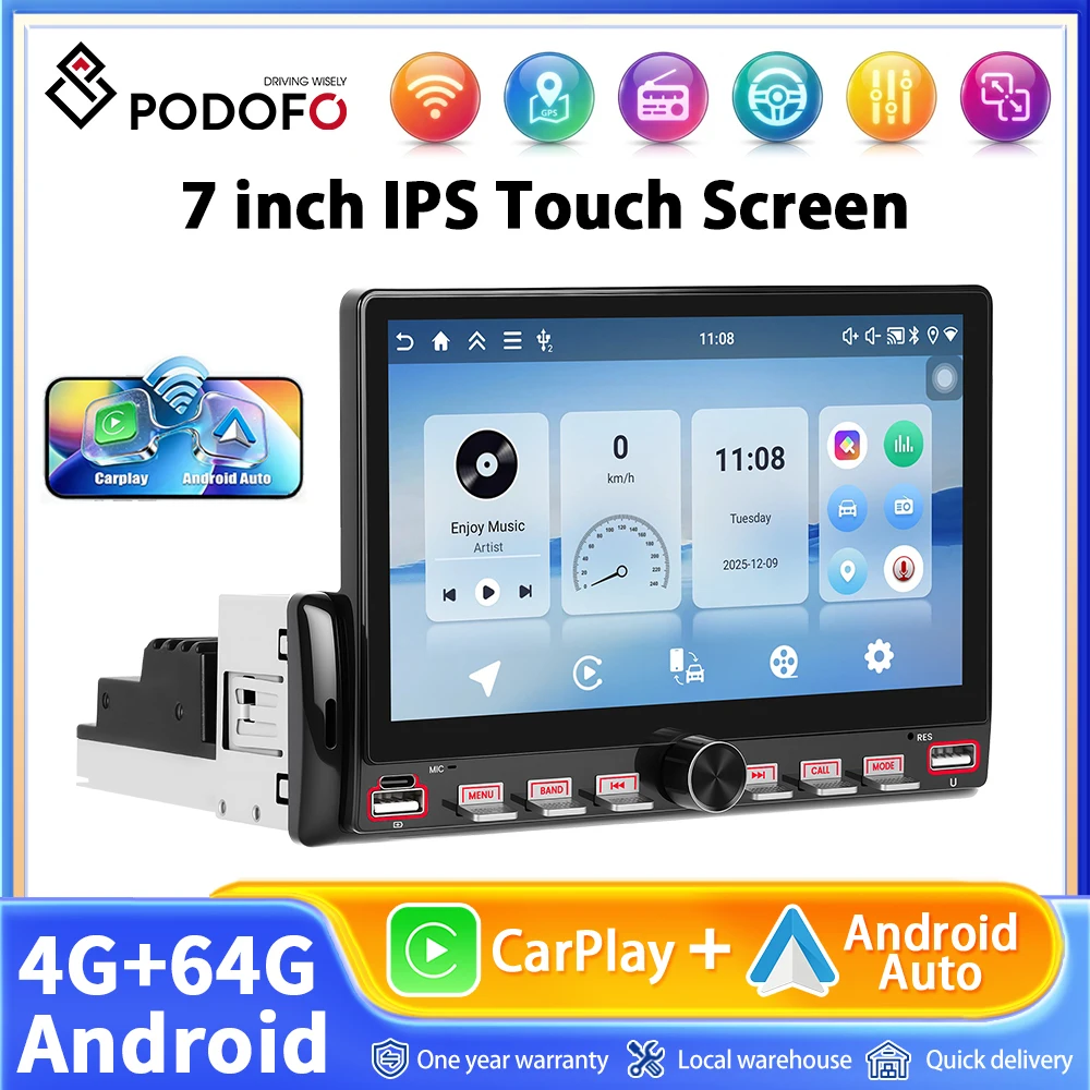 Autoradio Podofo 4+64G Android 1 Din, écran IPS 7'', lecteur multimédia, Carplay sans fil, Android Auto, GPS, Wifi, Mirrorlink