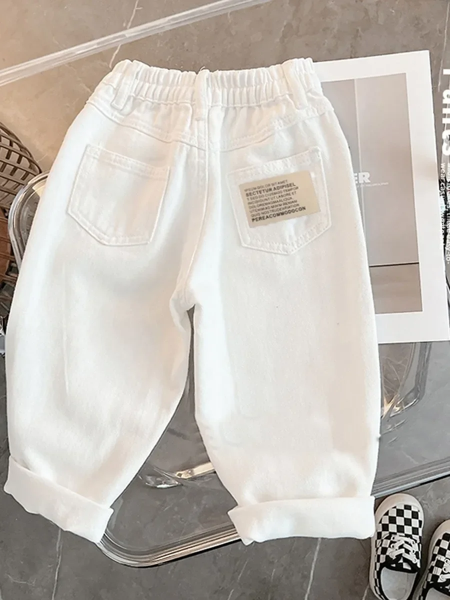 

New Spring Versatile Children's Pants Girls Fashion Trousers Boys and Girls White Jeans 2025
