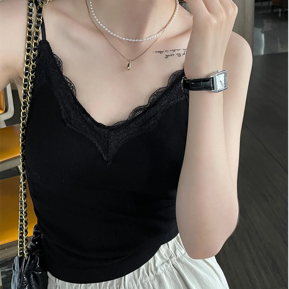 Seamless Padded Camisole Women Lace Trim Tank Top Sexy V Neck Vest Breathable Wireless Undergarment Soft Basic Layering Top