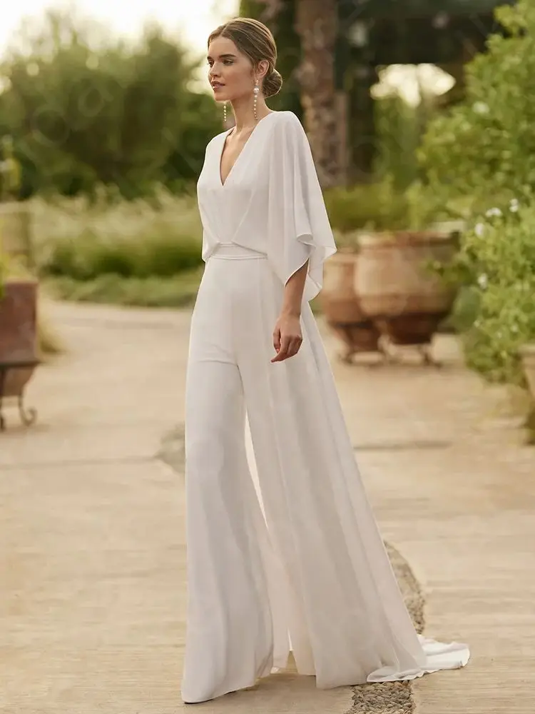 Customized Holy White Wedding Dresses Pants Suite Bridal Gowns V Neckline Bride Dress 3/4 Sleeves Beach Jumpsuit Gowns Back Out