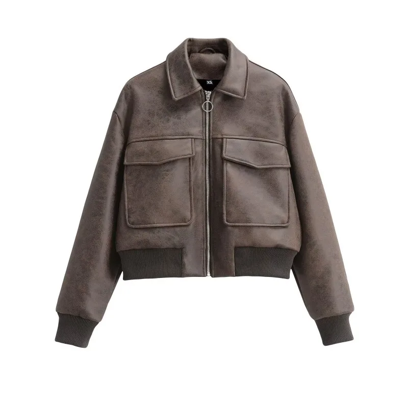 Autumn New Women's Clothing Fashion Spliced Short Loose Imitation Leather Pilot Lapel Jacket Big Pocket Decoration Women Coat