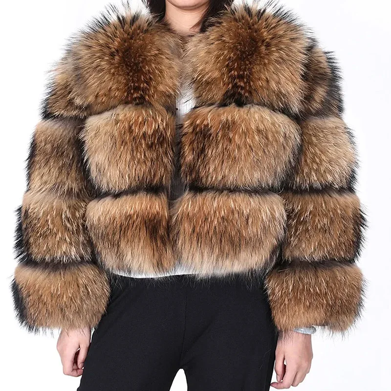 2024 maomaokong Super Hot Winter Frauen Luxus Dicke Echt Waschbären Pelzmantel Natürliche Fuchs Pelz Jacke Plus Größe Jacken Weibliche Weste