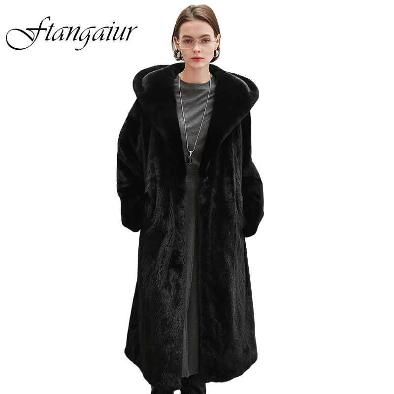 Ftangaiur 겨울 수입 벨벳 밍크 퍼 코트 보르가라메 블랙 퍼 후드 밍크 코트 여성용 중간 사이즈 천연 리얼 밍크 퍼 코트