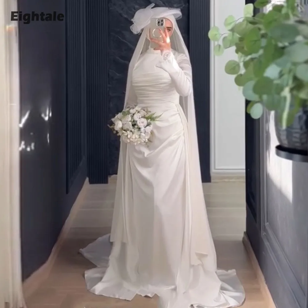 

Eightale Arabic Wedding Dress Customized Ivory Satin O-Neck Bridal Gown Long Sleeves Mermaid Muslim Bride Party Dress