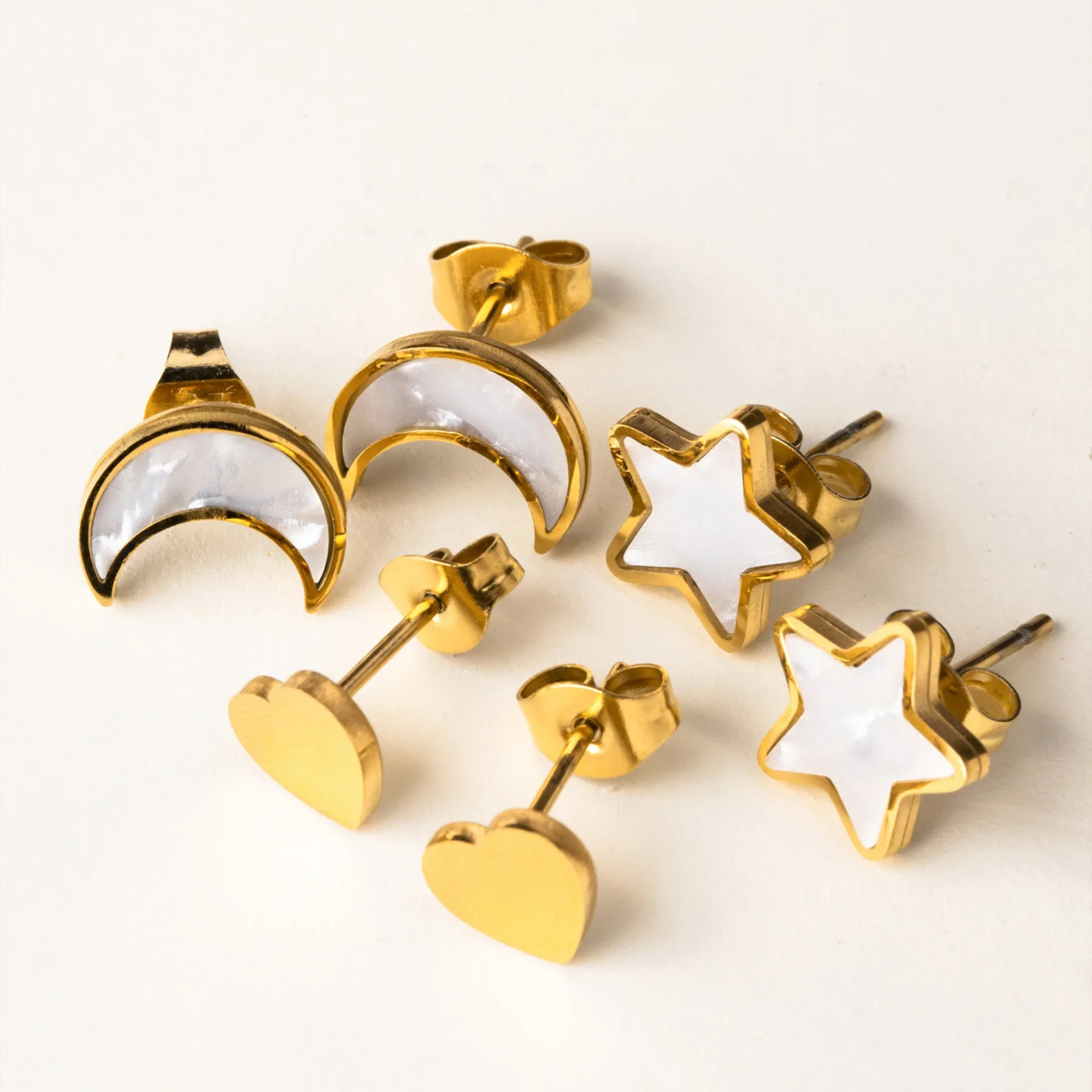 PRISCA | Women Gold Stud Earrings New. Moon Star Pendant.3pair/set.Stainless Steel. Small Lovely Korean Fashion.2024