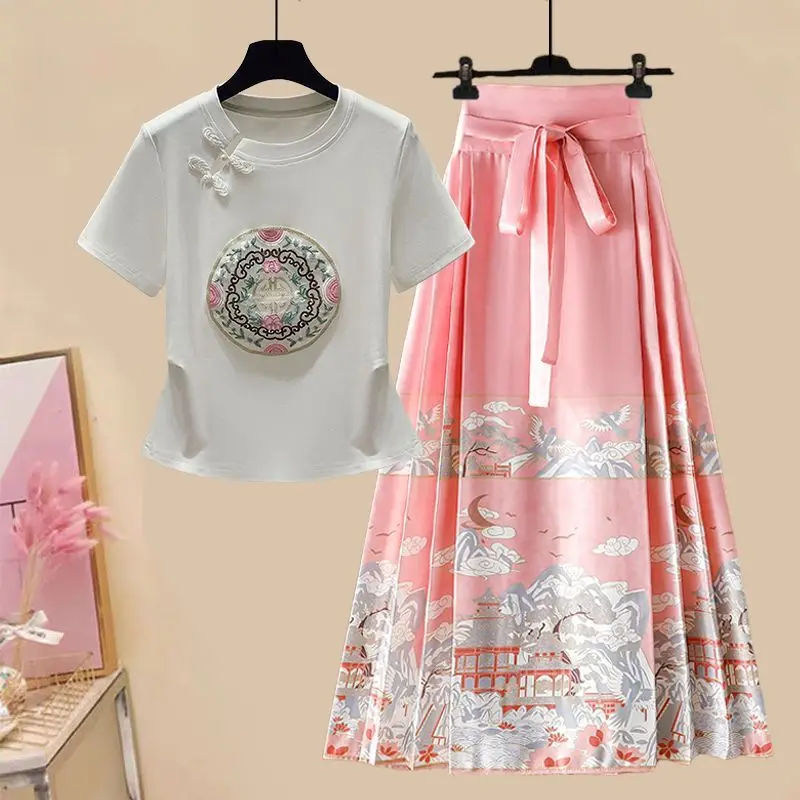 

Новая китайская футболка размера плюс, женский топ с вышивкой, модифицированная юбка ханьфу, комплект из двух предметов, традиционный этни...