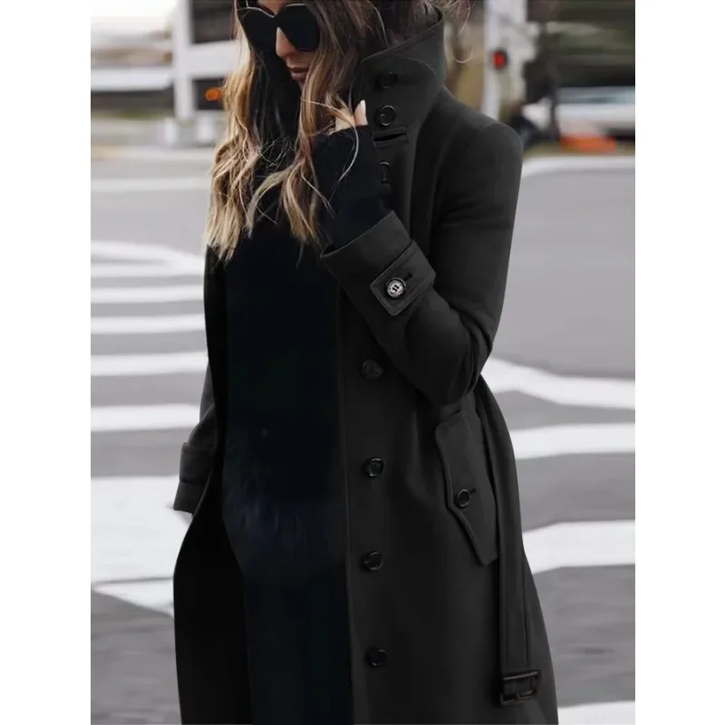 Autumn Winter New Woolen Coat Women\'s Slim Fit Cardigan Large Coat Women Long Sleeve Single Breasted Stand Collar Woolen Coat