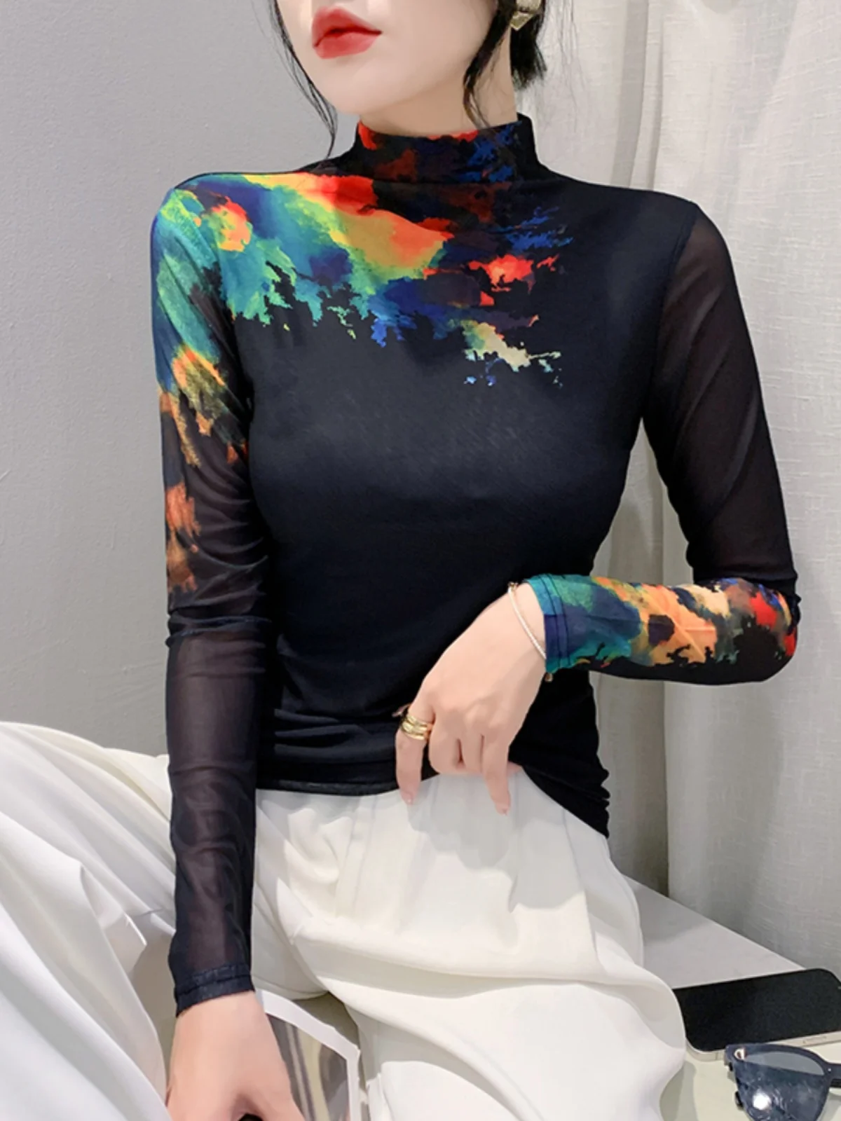 2023 Autumn Winter Turtleneck Long Sleeve T-shirt Tees For Women High Stretch Slim Printed Mesh TShirts Female Tops FF0865