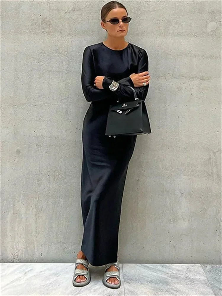 فستان ماكسي أنيق من الساتان المجوف للنساء بخصر عالٍ ورقبة سكوب نحيفة وأكمام طويلة فستان حفلات بسحاب صيفي #2