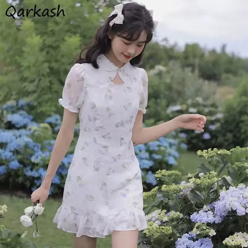 

Floral Mini Dress Women Short Sleeve Ruffles Sweet Elegant Lovely High Waist Hollow Out Summer Aesthetic Платье Женское Ulzzang