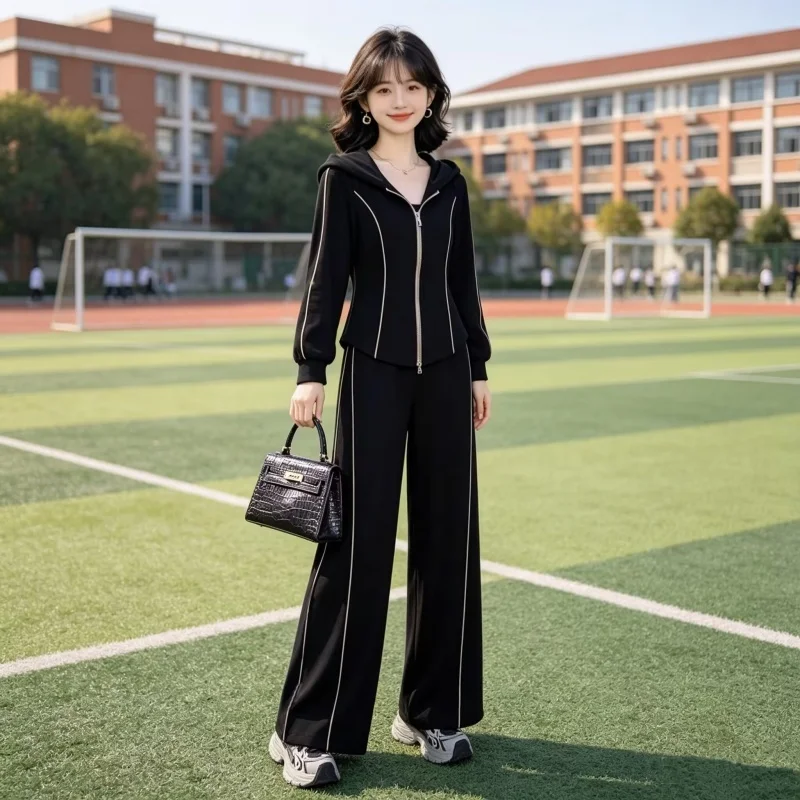 Women's Sporty Cotton-Like Harem Set with Diagonal Stripe 250g Casual Spring Autumn Fashion Hoodie Two-Piece Suit
