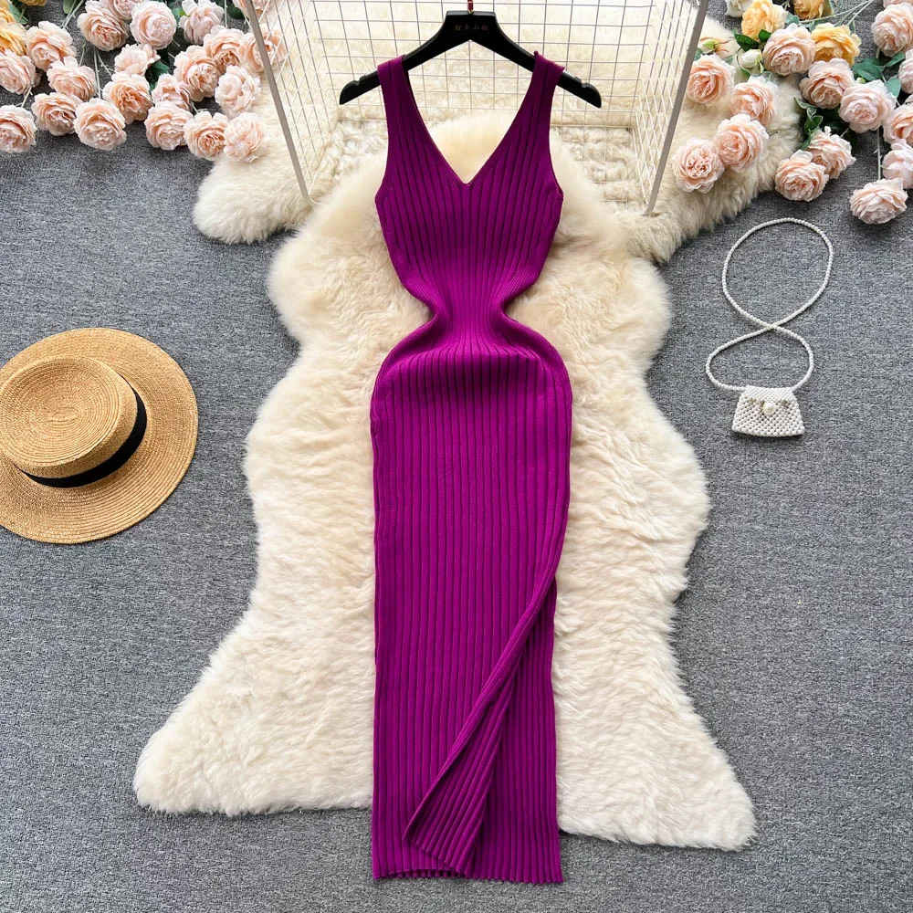 

YuooMuoo Chic Fashion Sexy Wrap Hips Split Knitted Autumn Dress Women Slim Elastic Bodycon Long Dress Streetwear Outfits Vestido