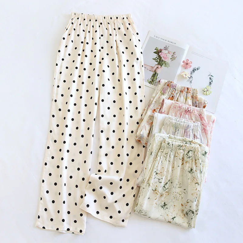 2024 Summer New Women's Sleeping Pants Viscous Fiber Gongsatin Thin Wide Leg Pants Printed Loose Mouth Home Pants Ladies Cute