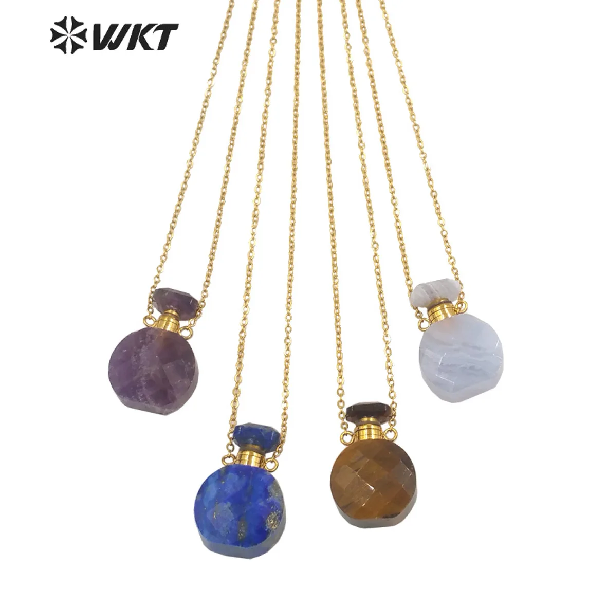 

WT-N1456 WKT 2023 Vintage Style Natural Gemstone Perfume Bottle Pendant Necklace 18k Gold Plated Women Accessory HOT