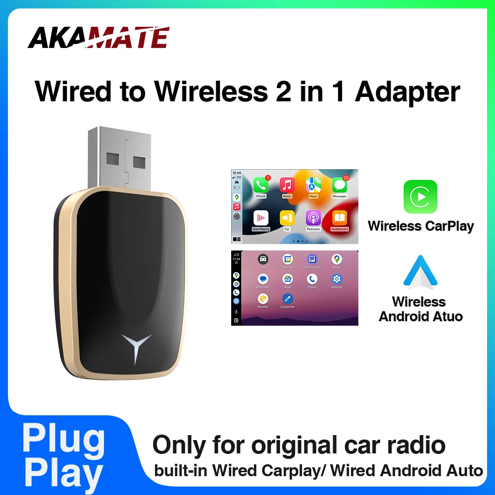 2IN1 محول CarPlay Android Auto اللاسلكي للسيارة مع CarPlay السلكي Android Auto Car Radio Plug and Play USB Type-c Dongle