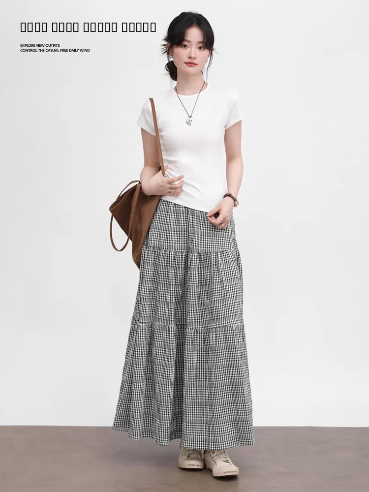 

Galaxy Resident High Waist Plaid Midi Skirt Women's Summer Knee-Length A-Line Skirt Commute Sle Mid-Length Cheered Skirt