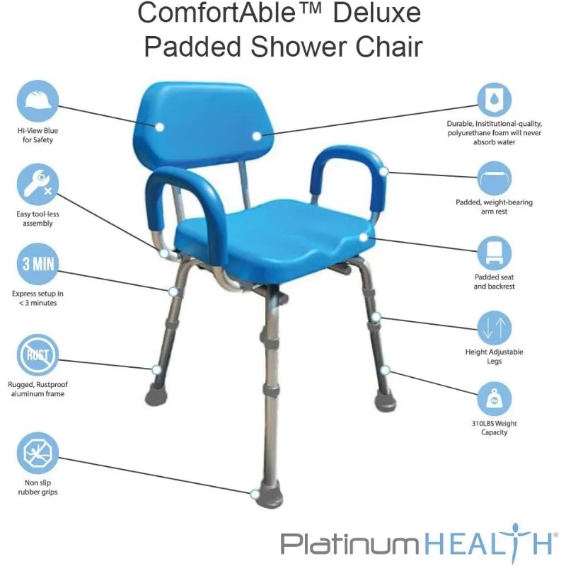 Platinum Health Comfortable Padded Shower and Bath Chair with Armrests and Back for Elderly and Seniors, Adjustable Height, Blue