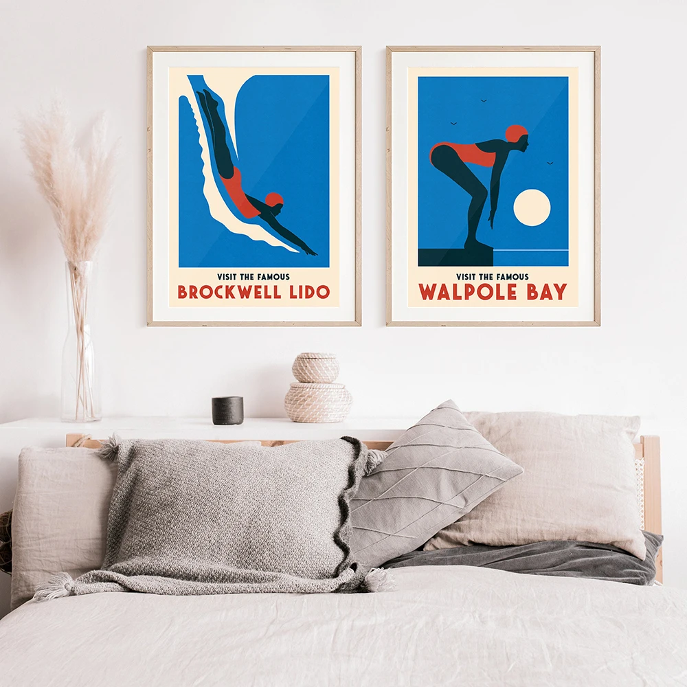 Swimming Set of 2 Poster Print Vintage Swimming Pool Canvas Retro Sports Art Diving Home Wall Decor Painting Abstract Athlete