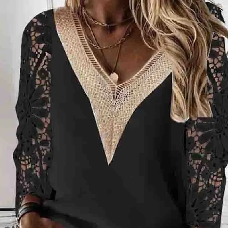 New V-neck Stitching Lace Women Blouse Long Sleeve Spring Hollow Out Chiffon Shirt Casual Tops Loose Clothes Blusas 25948