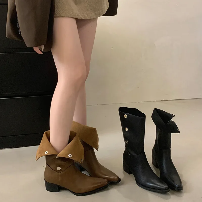 2025 New Fashion Pointed Toe  Ankle Boots Women Square Low Heels Buckle Strap Fold Short Booties Autumn Winter Shoes