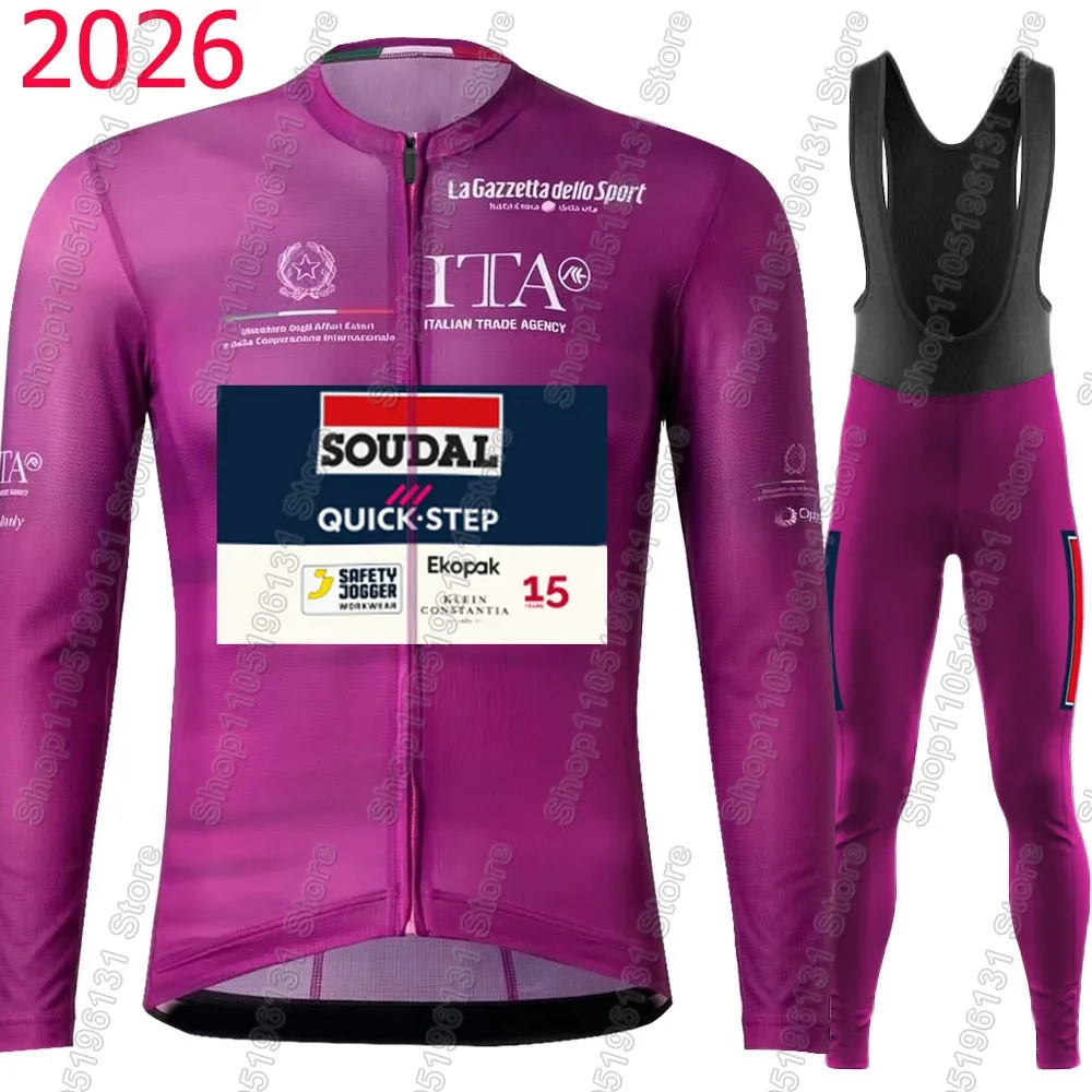 Conjunto de Ciclismo Soudal Quick Step Team 2026 Tour de Itália: Camisa de Ciclismo de Manga Longa e Calça de Ciclismo de Estrada para Verão