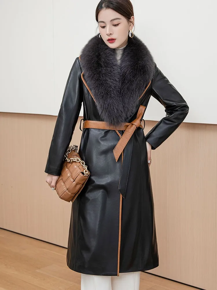 Winter Women Knee Length Real Sheepskin Down Coat Fox Fur Collar Detachable Overcoat Single Button Sashes Slim Fit Windbreaker