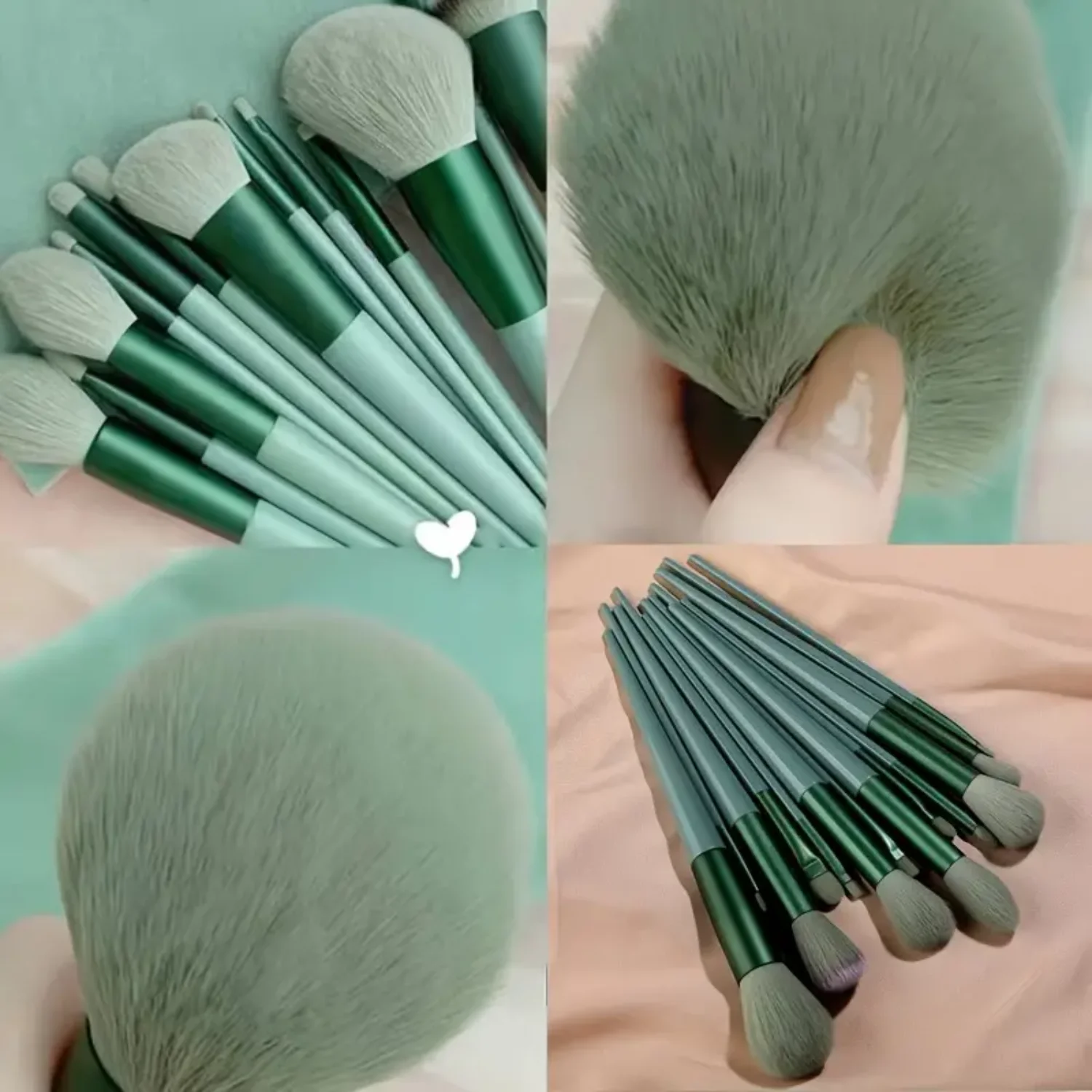 13pcs Green Makeup Brush Set, Portable Soft Brush Kit for Powder, Foundation, Blusher, Eye Shadow - Cosmetic Tools Set with Clot