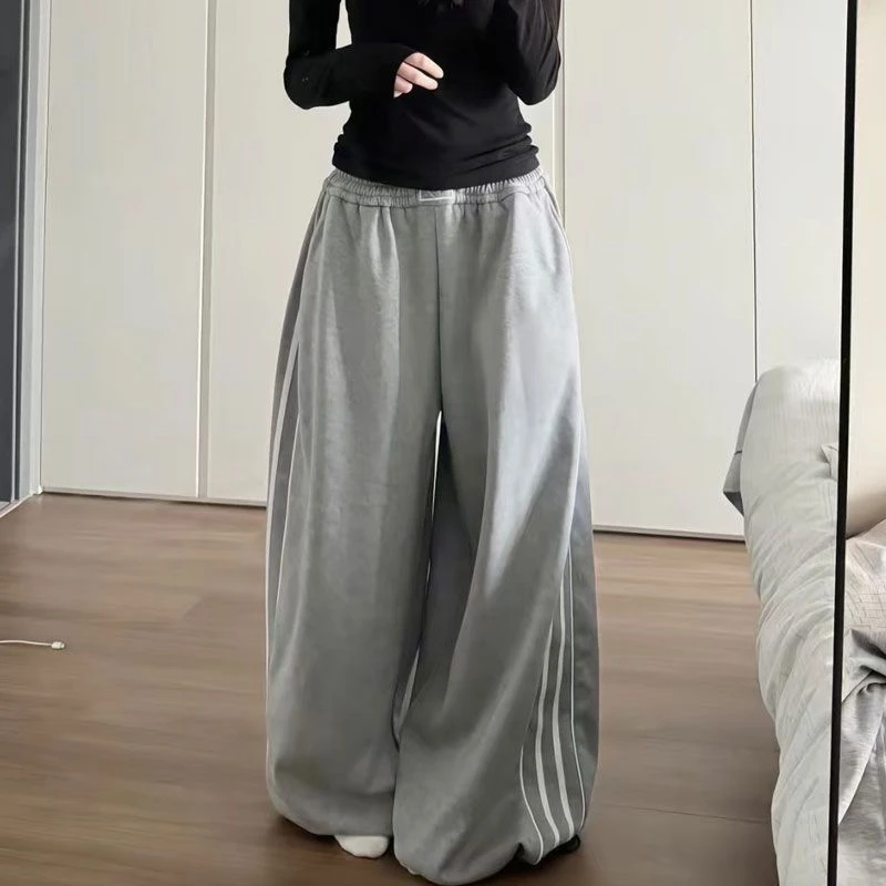 الأمريكية شريط Sweatpants النساء الشتاء سميكة عالية الخصر الشارع الشهير فضفاض Mujer سراويل للجري Y2K الهيب هوب الشرير مستقيم بنطلون