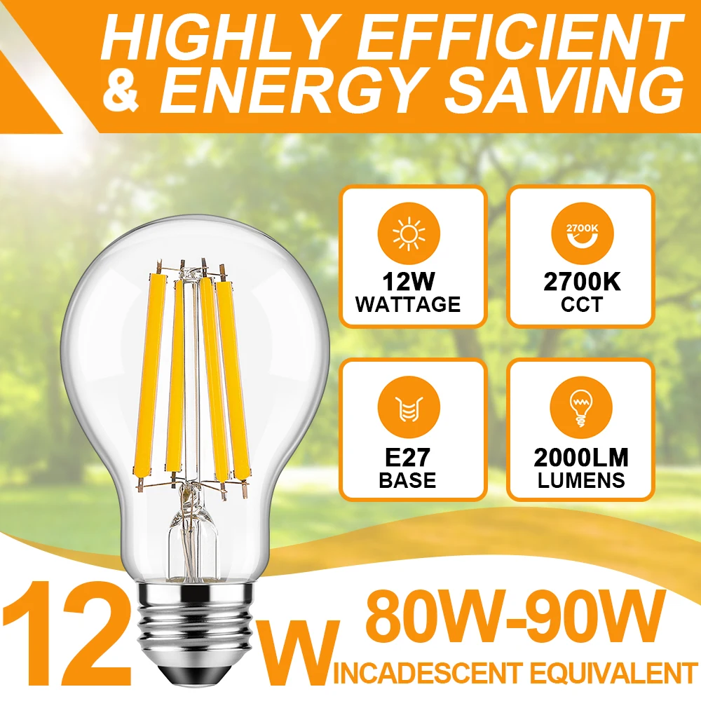 A19 LED Filament Light Bulb E27 7W 9W 12W Vintage Edison Bulbs High Brightness 806LM 1050LM Warm White Clear Glass Lamp for Home