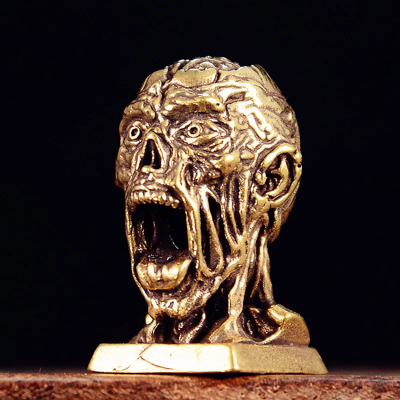 Punk Brass Zombie Head Sculpture Small Statue Vintage Characters Miniatures Figurines Desktop Decorations Crafts Home Decors