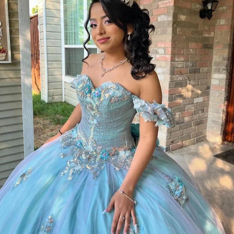 Sky Blue Princess Quinceanera Dress 2024 Off Shoulder Appliques Lace Beads Party Sweet 16 Gown Vestidos De 15 Años