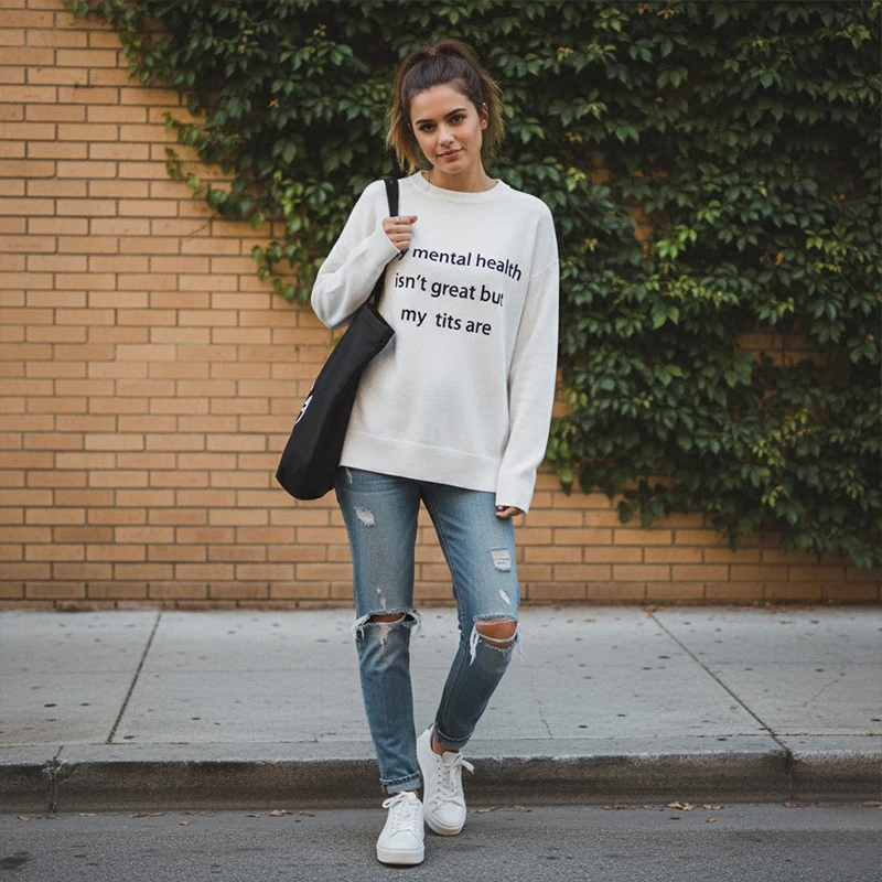 

Y2k Letter Pattern Print Knitted Sweater Women Casual Round Neck Short Pullover 2025 Female Daily Street Sweaters Autumn Winter