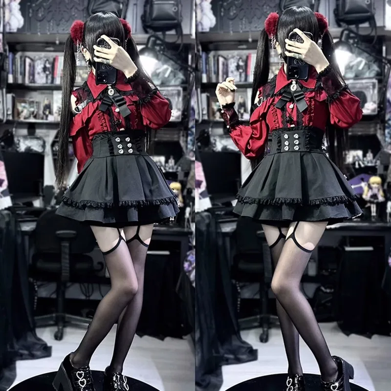 

Наряд Lolita Girls Blouse Top Women Kawii Bow Черные юбки Рубашки Jirai kei Рубашка с длинными рукавами Y2K Sweet Japanese Lady Style Set