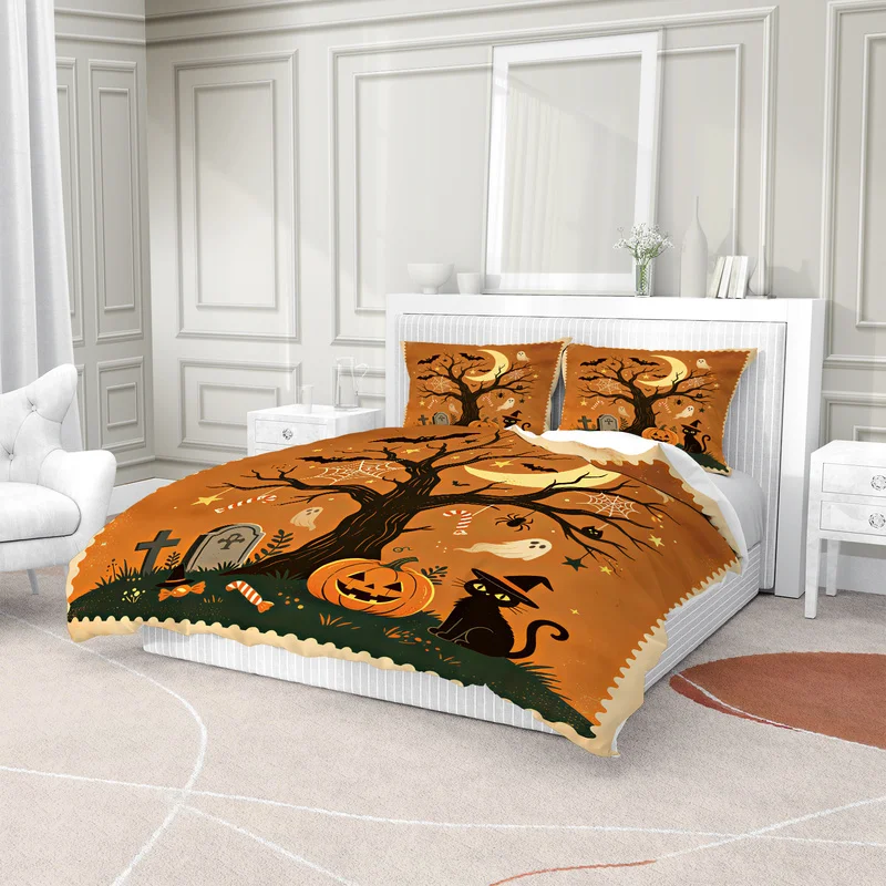 Halloween Print Duvet Cover Set Pumpkin Ghost Black Cat Bat Tombstone Bedding Set Fashion Quilt Cover Set Bedroom Decor Gift
