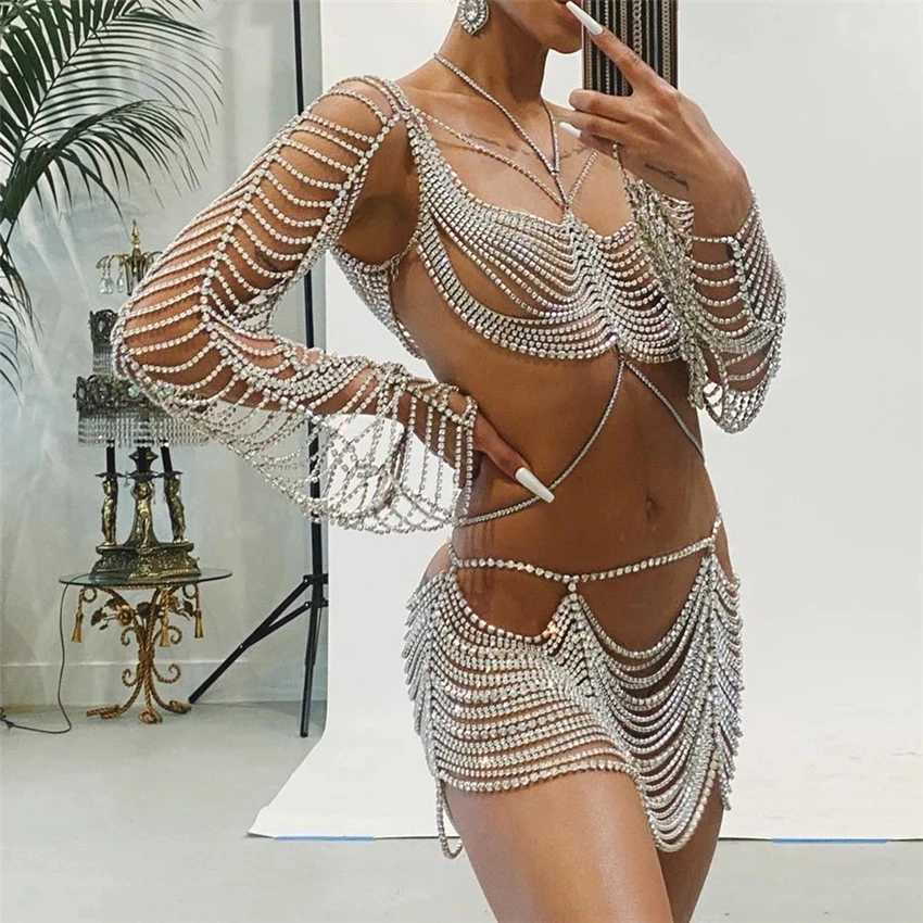 Rhinestone Body Chain Sieraden Vrouw Fashion Party Bikini Harness Top Rok Show Kostuum