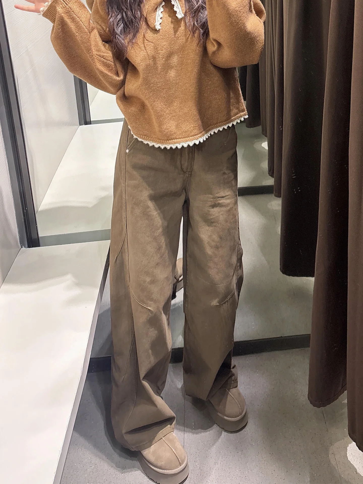 American Sle High Waist Wide Leg Jeans Women's Winter New Loose Floor-Length Slimming Skinny Jeans Waed out Brown Coffee