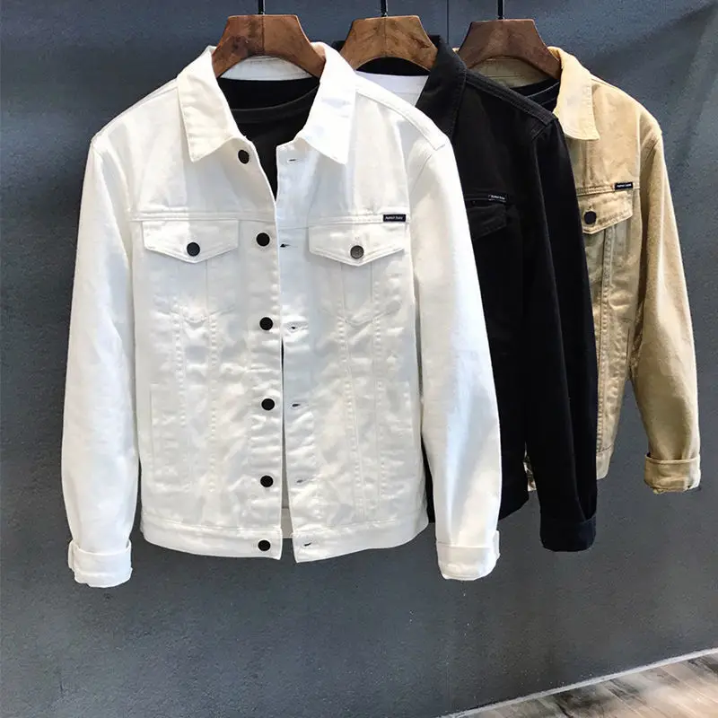 

Spring and Autumn Casual Slim White Denim Jacket Men's Tops Korean Style Trendy Casual Workwear Denim Jacket for Men