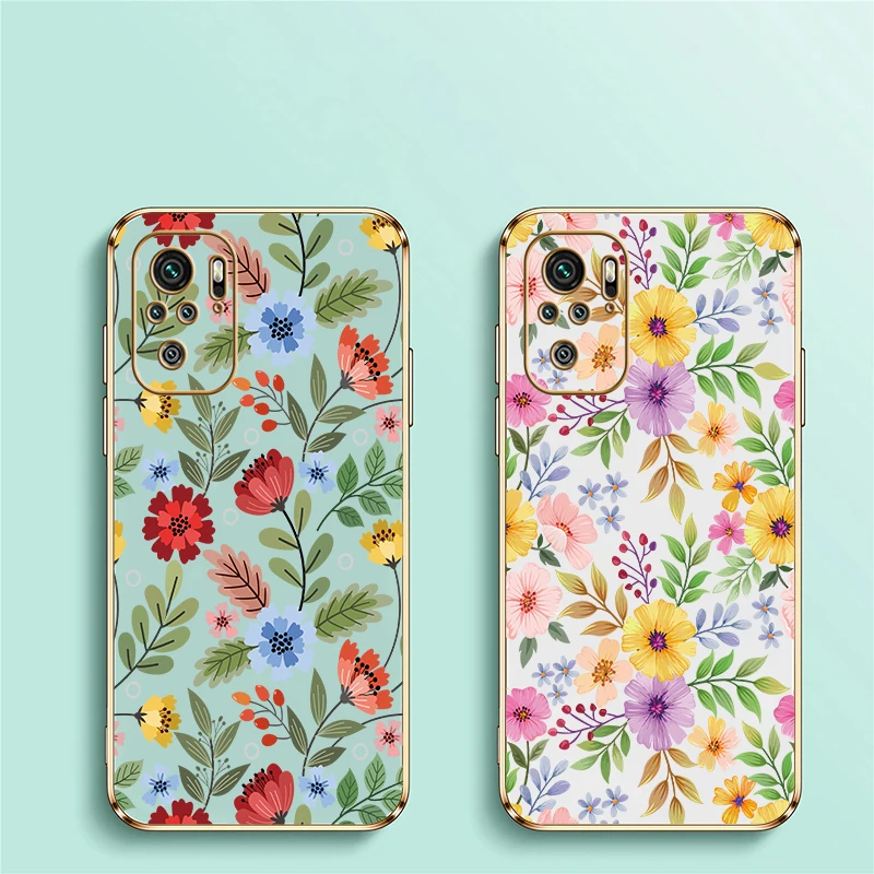 Phone Case For Xiaomi Redmi Note 10 11 13 Pro Plus 9S 12 tubor 10S 11S Flower Luxury Plating Silicone Shockproof Cover Coque