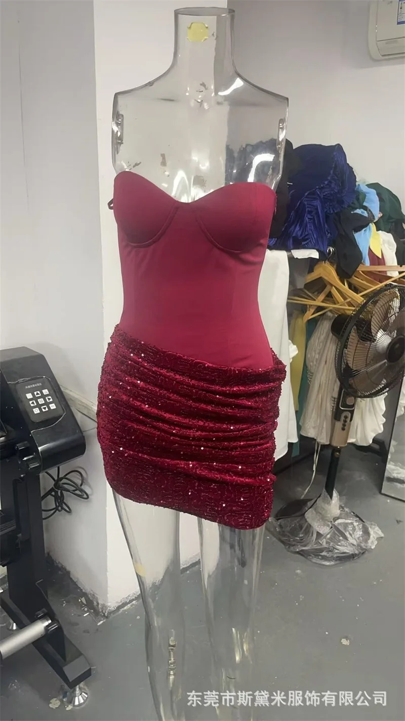 Glitzerndes Burgunder-Abschlussballkleid mit Schal, sexy, ärmellos, mit Schnürung am Rücken, kurzes Mini-formales Hochzeitsabend-Robe, Party-Brautkleid