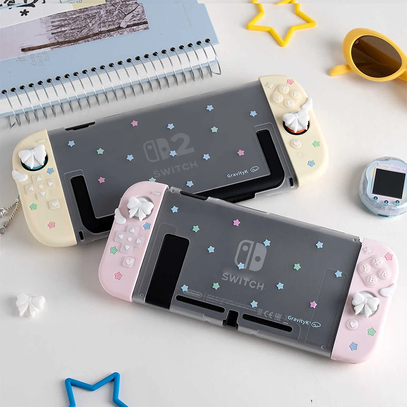 

Kawaii Pink Yellow Silicone Protective Case and JoyCon Cover for Switch 2 with 1Pair Customized Thumb Grips, Star Wings Design