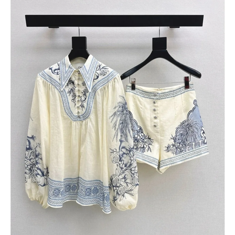 

Cotton Print Summer Dress New Vacation Outfit Loose Lapel Top with High Waist Shorts Youthful Set