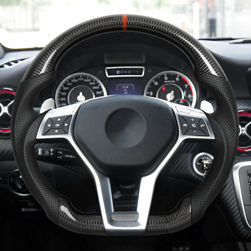 

Real Carbon Fiber Steering Wheel With Square Paddle Hole Red Stitching Fit For Benz AMG CLA 45 A45 CLS SLK SLS E63 2012-2014