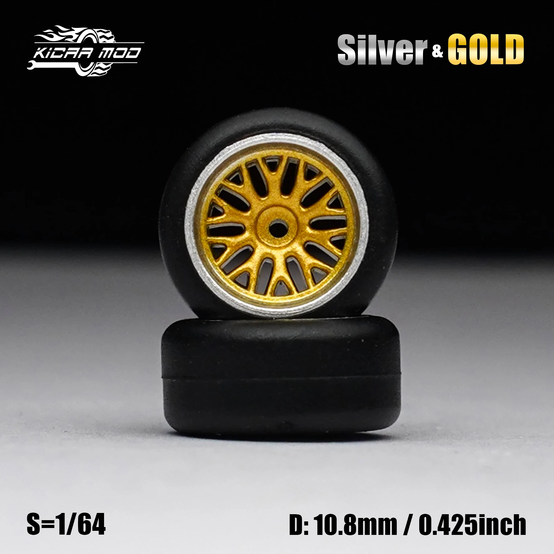 1/64 Modellauto Gold- und Silberräder mit festen Gummireifen, inklusive Nieten für die Nachrüstung von Diecast-Modellteilen für MINIGT.