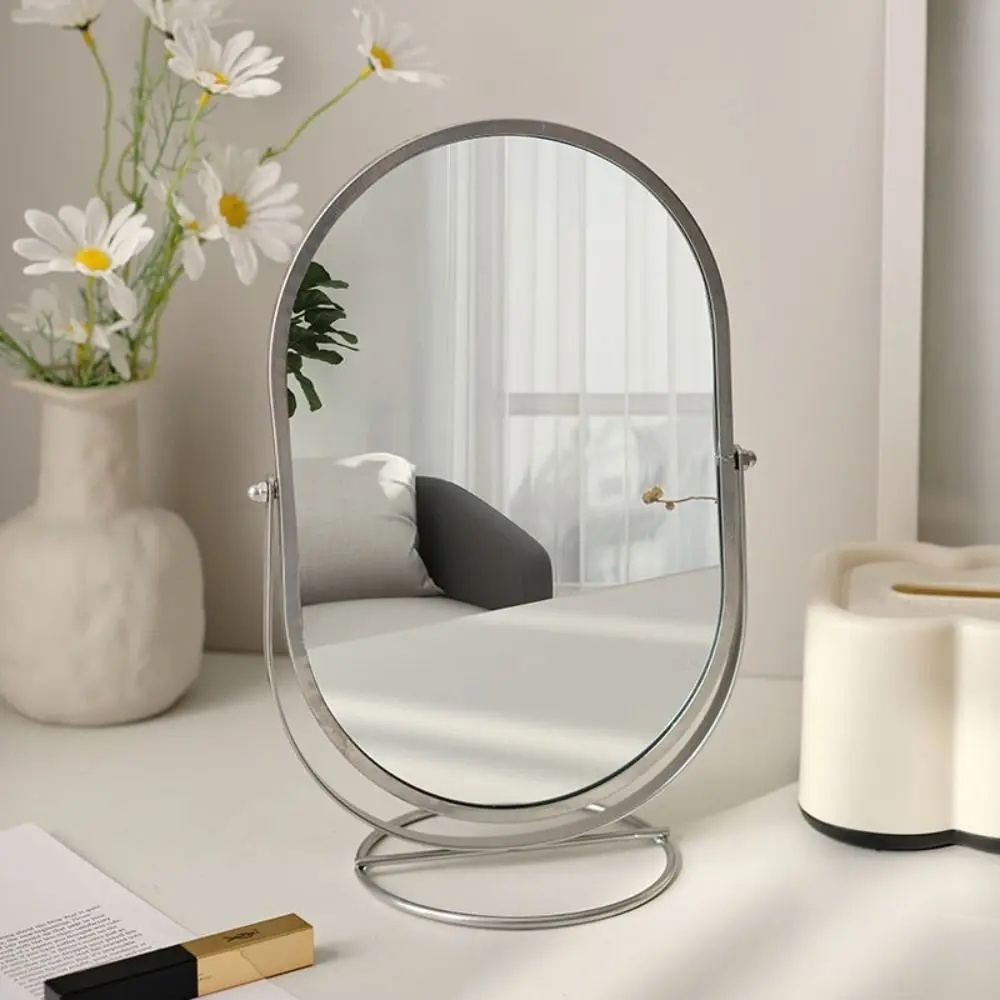 

360° Rotatable Makeup Mirror Oval Iron Frame Vanity Mirror Simple Home Decoration Desktop Stand Mirror Student Dormitory