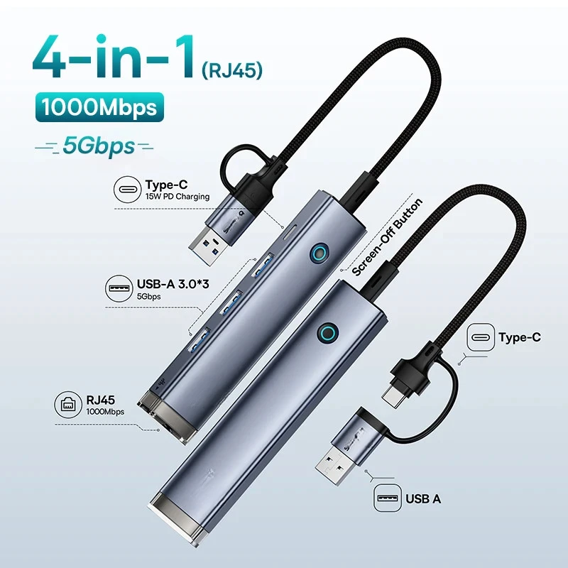 

USB-хаб Z Type-C с адаптером USB-A для передачи данных USB3.0 5 Гбит/с и гигабитным Ethernet RJ45