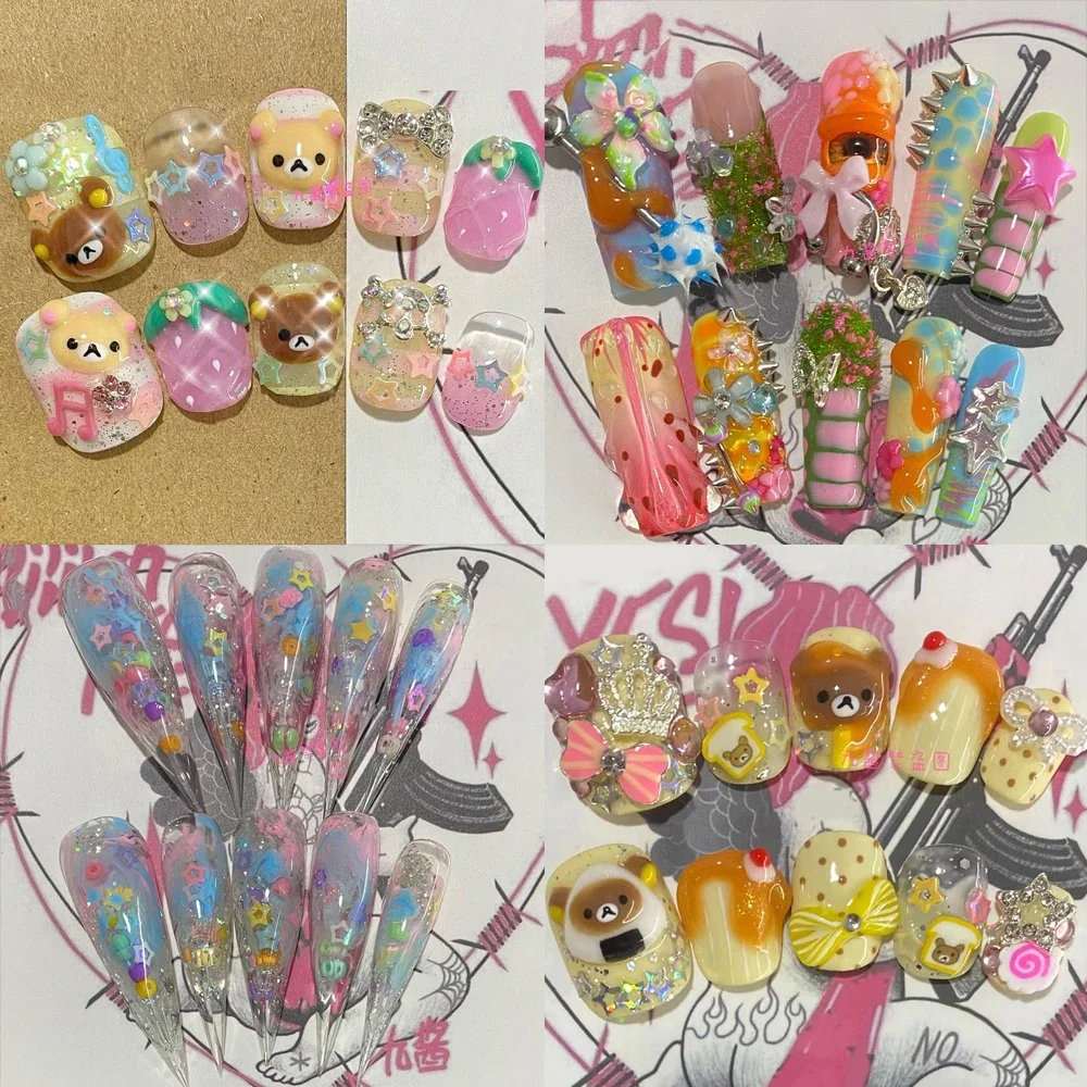 

Y2K Spicy Girl Cartoon Rilakkuma Press On Nail Art 3D Flowers Short Almond Handwork Customizable Fake Nails Women's Gift