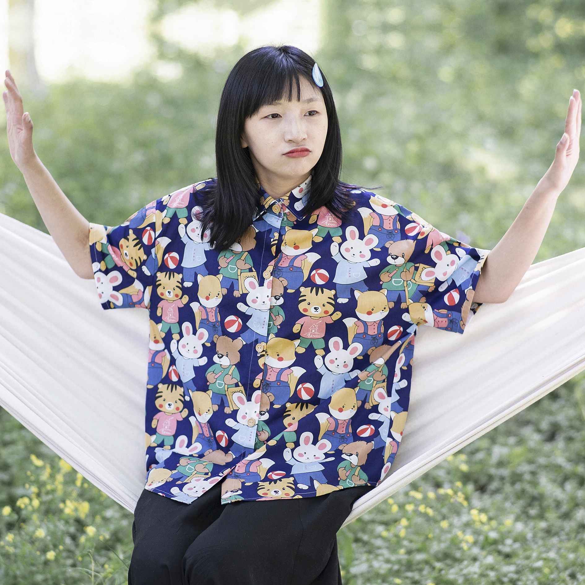 

Artistic Bear Tiger Rabbit Squirrel Animal Print irt Cotton ort Sve Square Collar Vintage Japanese Sle Women's irt