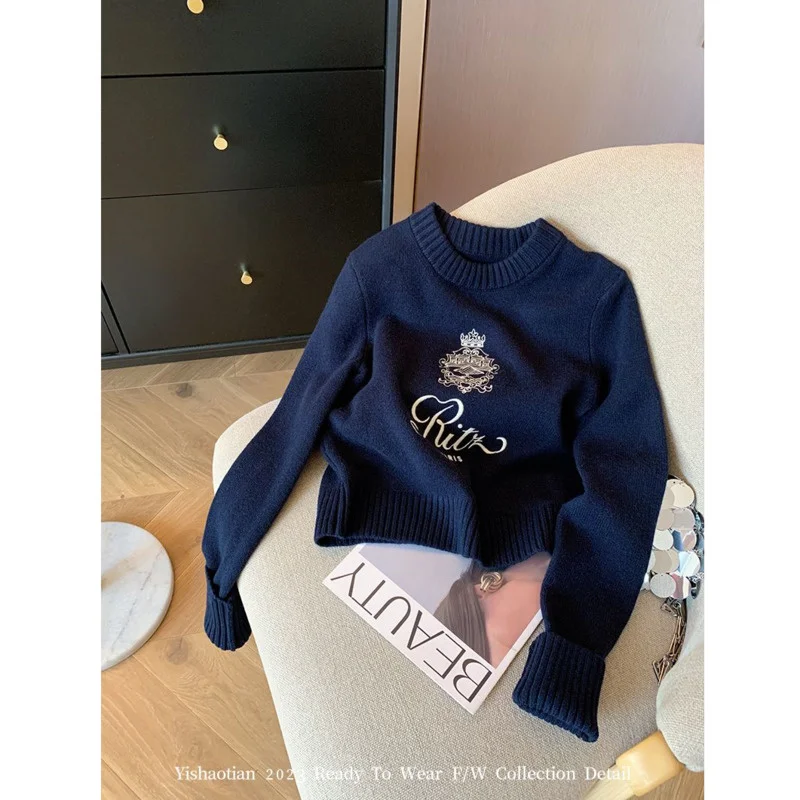 Letters Embroidery Pullover Sweater 2024 Spring Autumn Women Round Neck Long Sleeve Knitwear Jumper Female Casual Design Tops