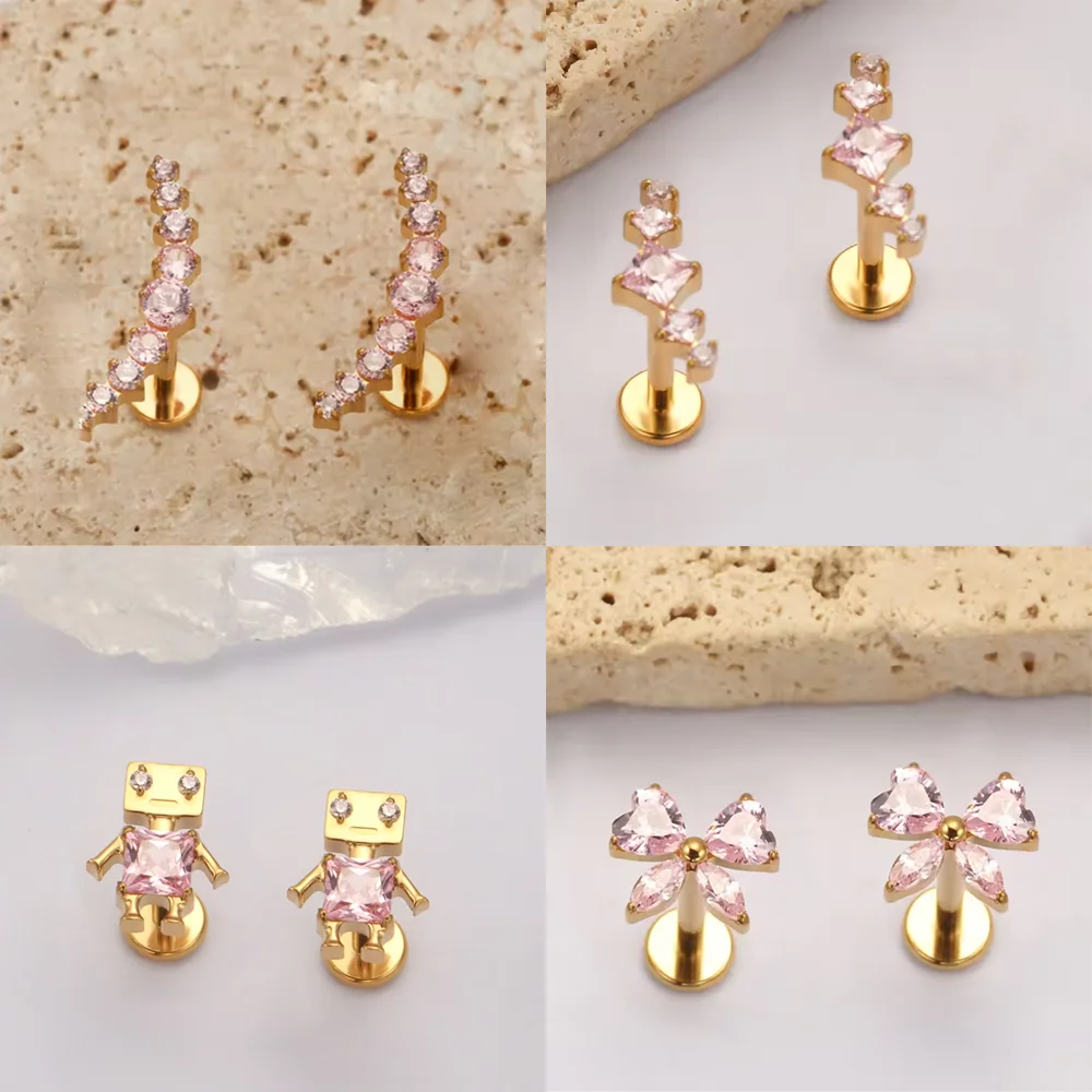 PUTITUP G23 Titan-Piercing-Stud mit Rosa Zirkon, Schmetterling, Blume, Herz, Innengewinde-Lippenring, Ohrknorpel-Schmuck – Detail 7