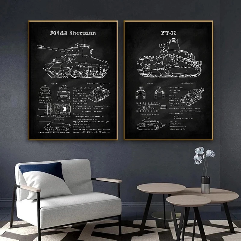 الدبابات مخطط الأسود المشارك الألمانية الثقيلة دبابة الجيش الأمريكي الحرب العالمية حائط لوح رسم الفن لغرفة المعيشة ديكور المنزل جدارية